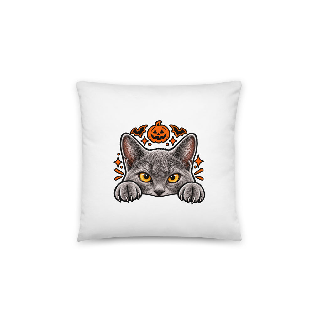 Back of the large Uno the Cat Halloween pillow featuring a gray cat peeking over the edge with a jack-o’-lantern, bats, and orange decorative details.