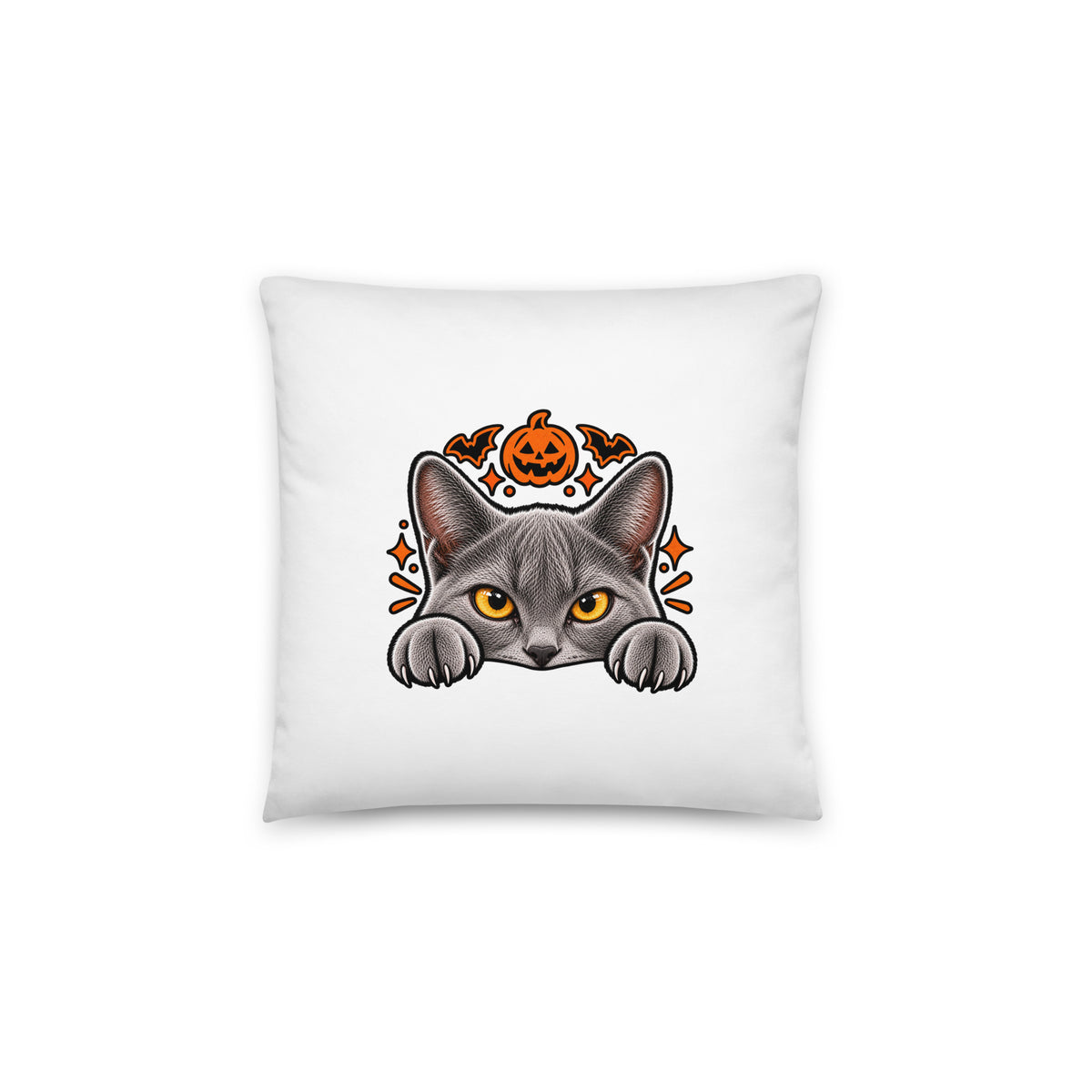 Back of the large Uno the Cat Halloween pillow featuring a gray cat peeking over the edge with a jack-o’-lantern, bats, and orange decorative details.