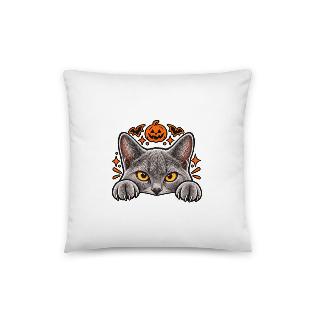 White square Uno the Cat Halloween throw pillow with a mischievous gray cat peeking over the edge, orange eyes, pumpkin, and spooky Halloween accents.