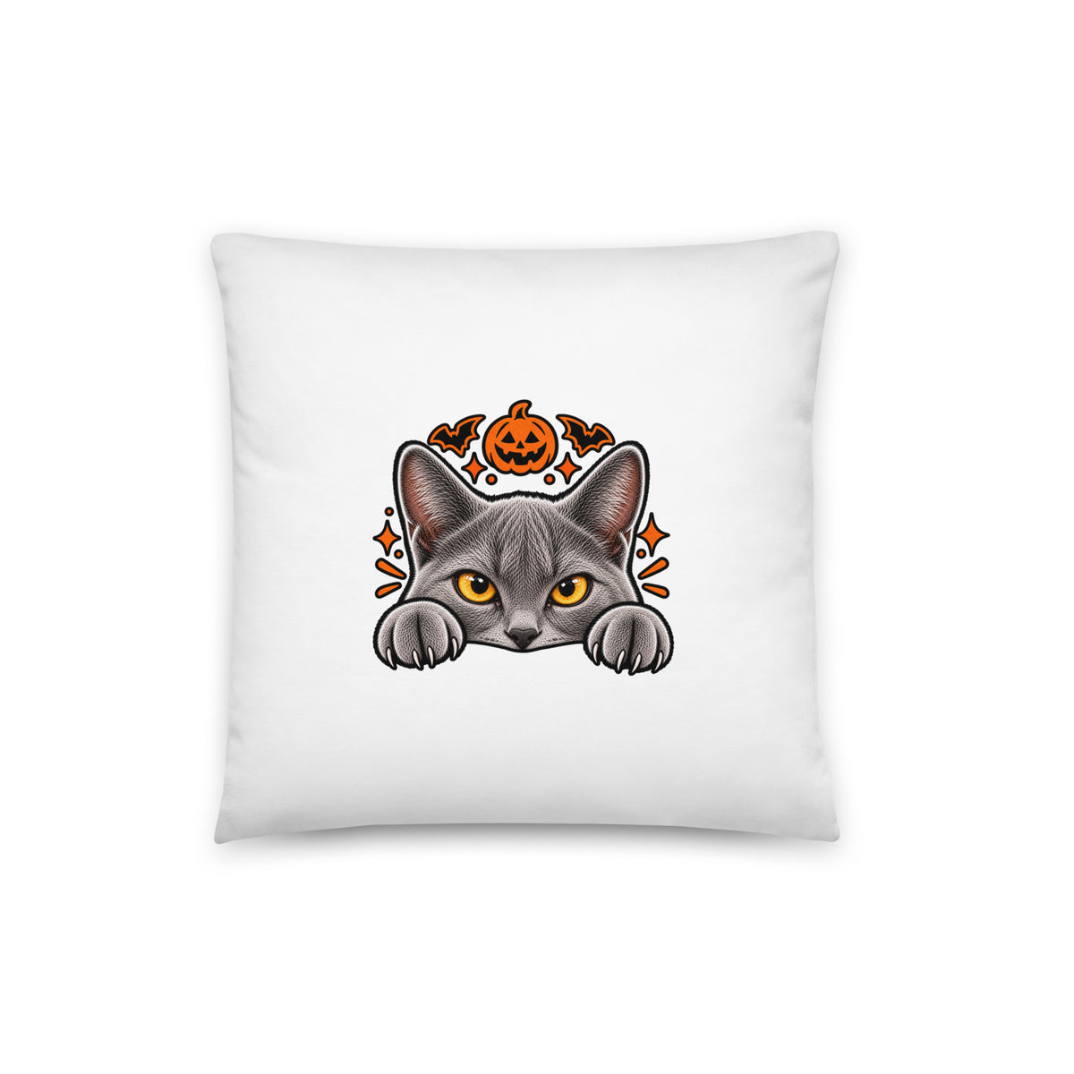 White square Uno the Cat Halloween throw pillow with a mischievous gray cat peeking over the edge, orange eyes, pumpkin, and spooky Halloween accents.