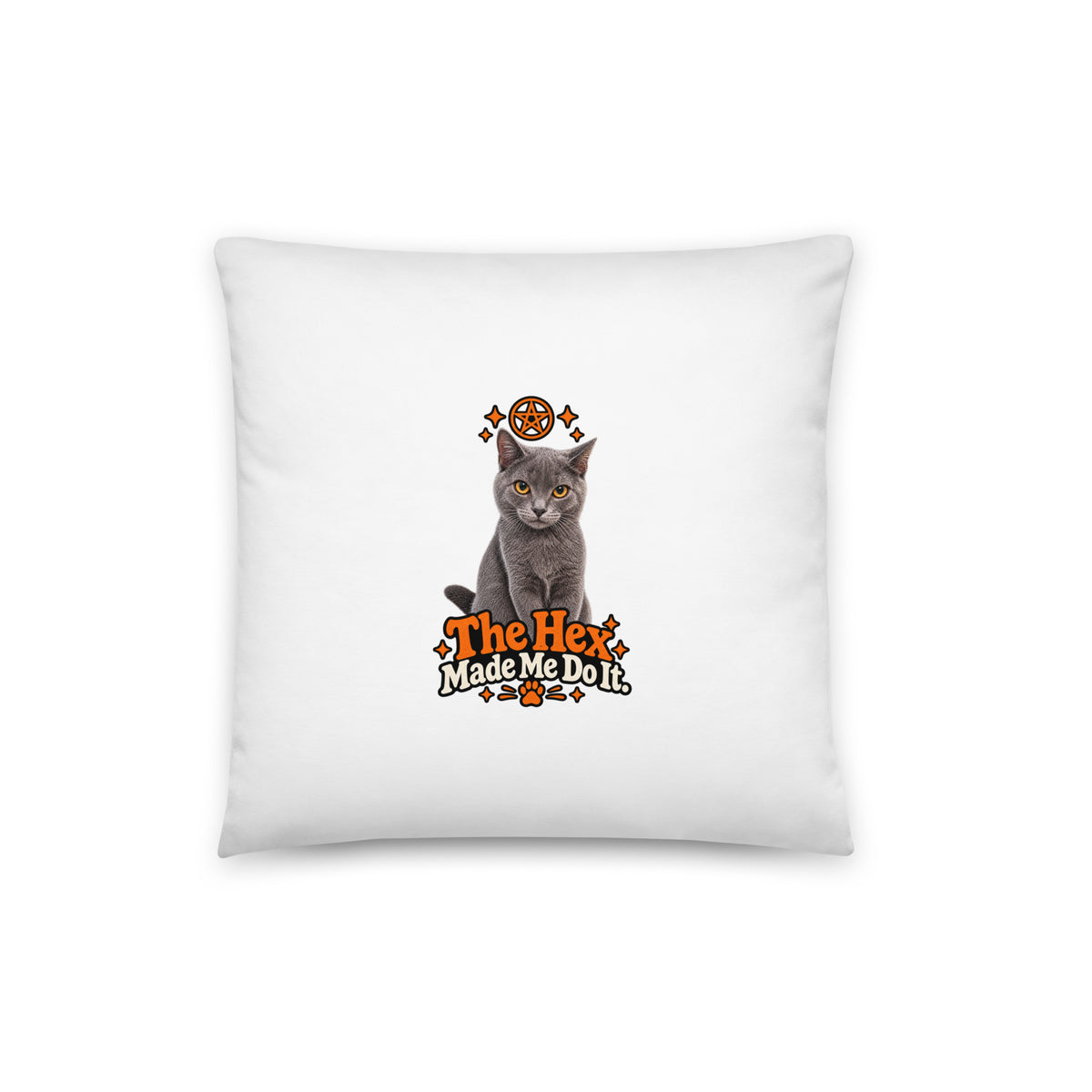 White square Uno the Cat Halloween throw pillow with a mischievous gray cat peeking over the edge, orange eyes, pumpkin, and spooky Halloween accents.