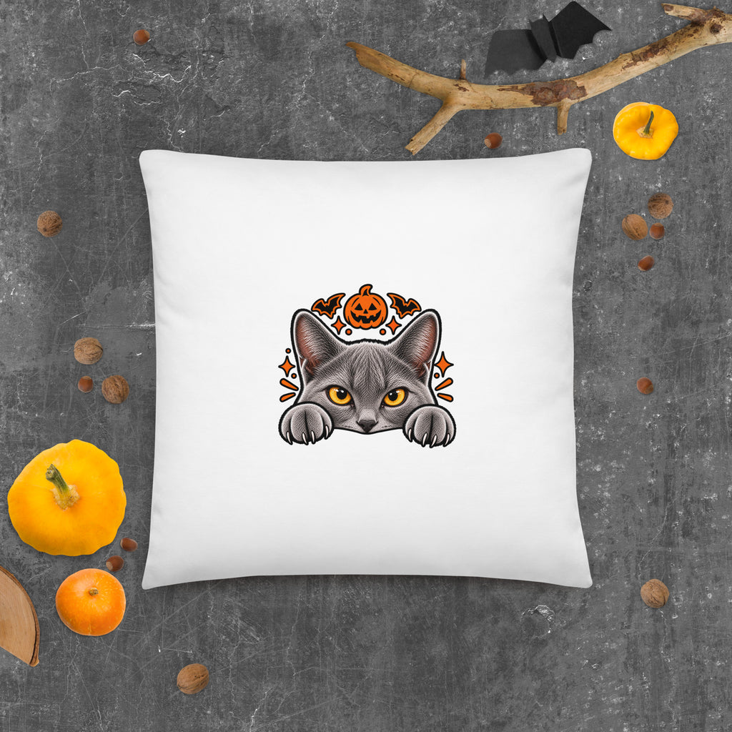 Back of the large Uno the Cat Halloween pillow featuring a gray cat peeking over the edge with a jack-o’-lantern, bats, and orange decorative details.