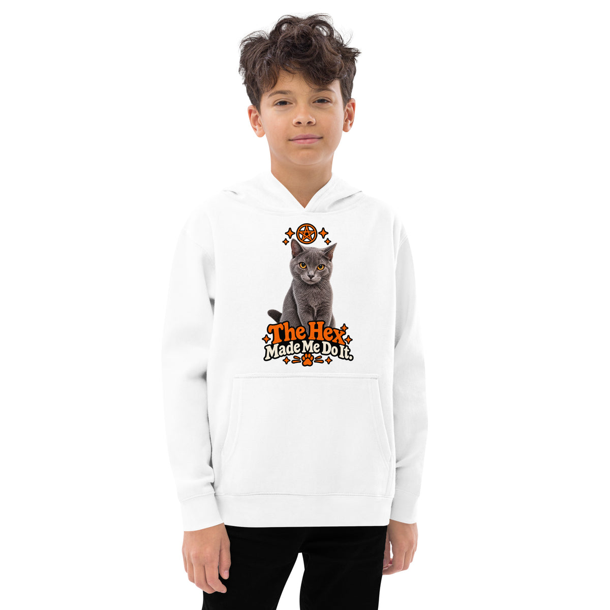 White kids Halloween fleece hoodie featuring Uno the gray cat, an orange pentagram, stars, paw print, and “The Hex Made Me Do It” slogan, shown from the front.