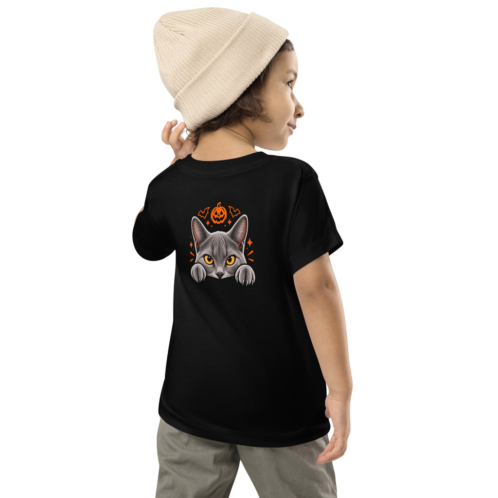 Child modeling the back of a black toddler Halloween shirt, featuring Uno the gray cat peeking out beneath a pumpkin with orange spooky details.