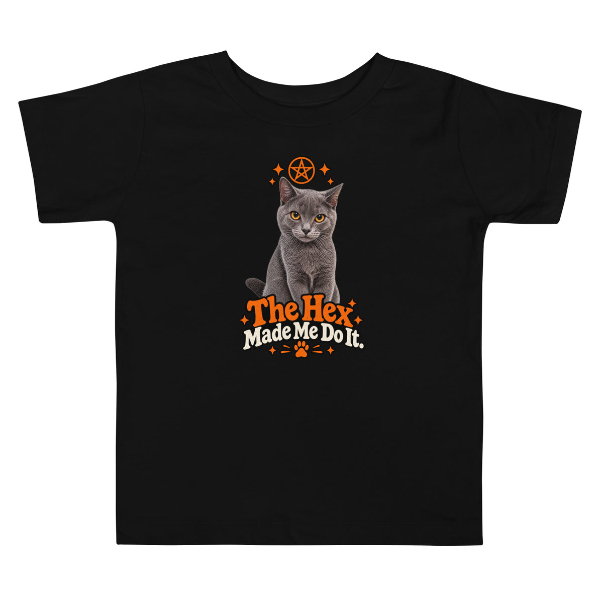 Black toddler Halloween cat T-shirt featuring Uno the gray cat, orange spooky star artwork, and “The Hex Made Me Do It” slogan on the front.