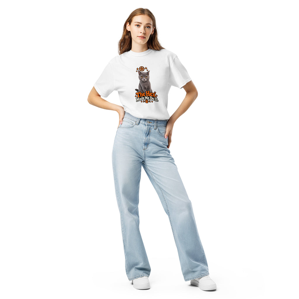 White Uno the Cat Halloween T-shirt with a gray cat, orange spooky-season graphics, and “The Hex Made Me Do It” slogan, shown on a model.