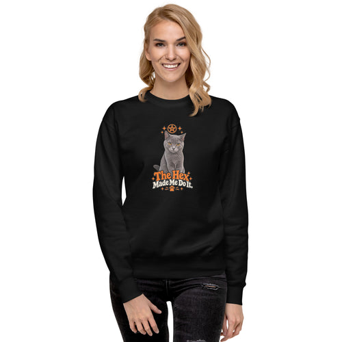 Funny Halloween cat sweatshirt featuring Uno, an orange magical symbol, and the “The Hex Made Me Do It” slogan.