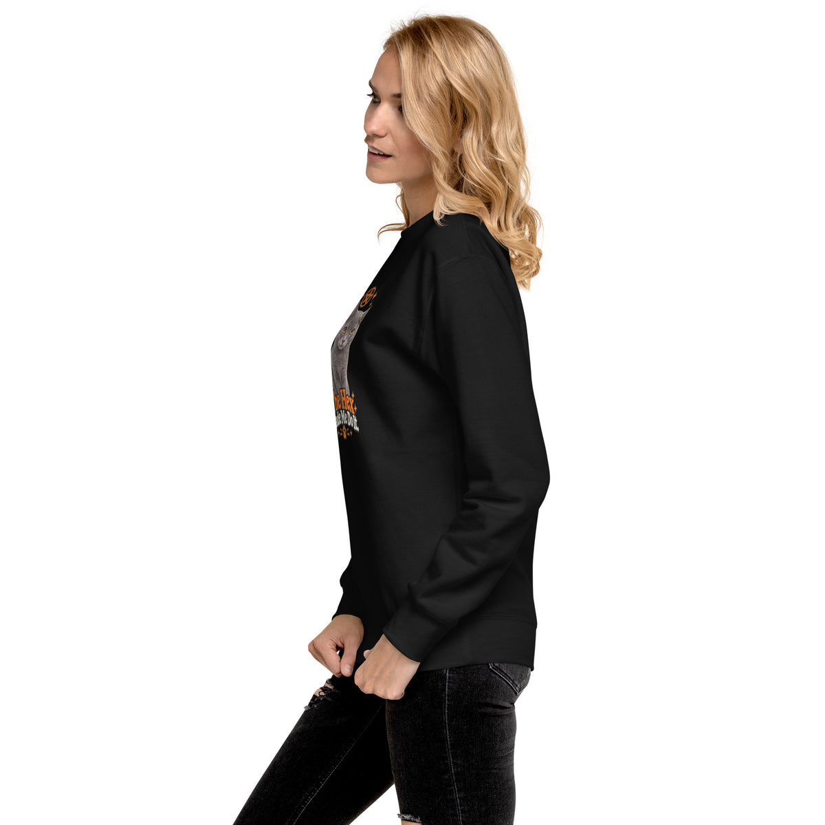 Black Uno the Cat Halloween crewneck sweatshirt showing the side profile, long sleeves, and relaxed fit.
