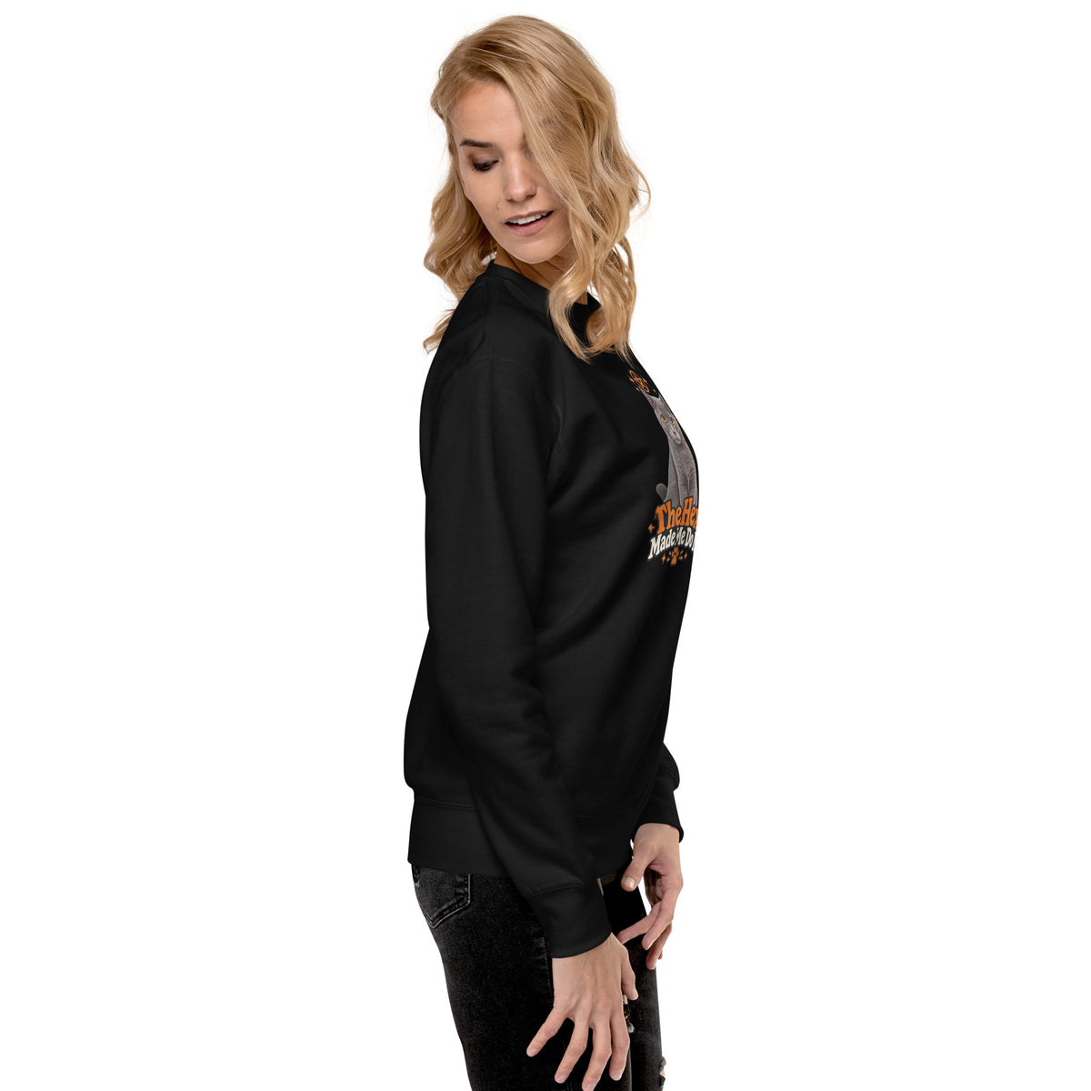 Black Halloween cat sweatshirt with a relaxed crewneck fit, ribbed cuffs, and a partially visible Uno the Cat graphic.