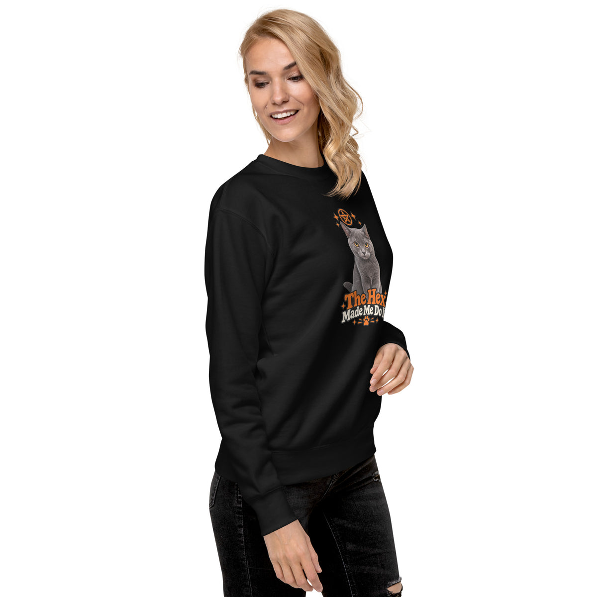 Uno the Cat funny Halloween sweatshirt with orange lettering and a mischievous gray cat, shown from the right-front angle.