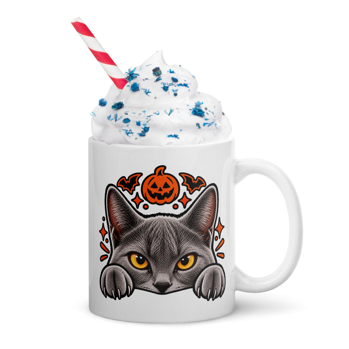 White Halloween cat coffee mug featuring a close-up of Uno peeking over the edge beneath an orange jack-o’-lantern and bats, shown with the handle on the right.